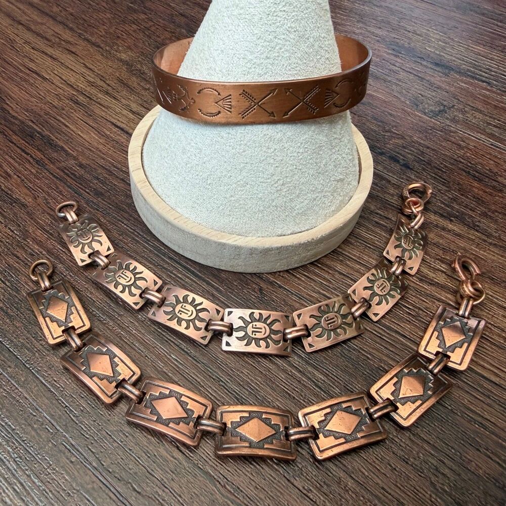 Set of Vintage Copper Southwest Native American Bracelets, Panel Link & Cuff